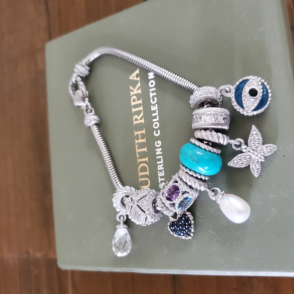 Judith Ripka Silver Charm Bracelet with Blue and Purple Accents